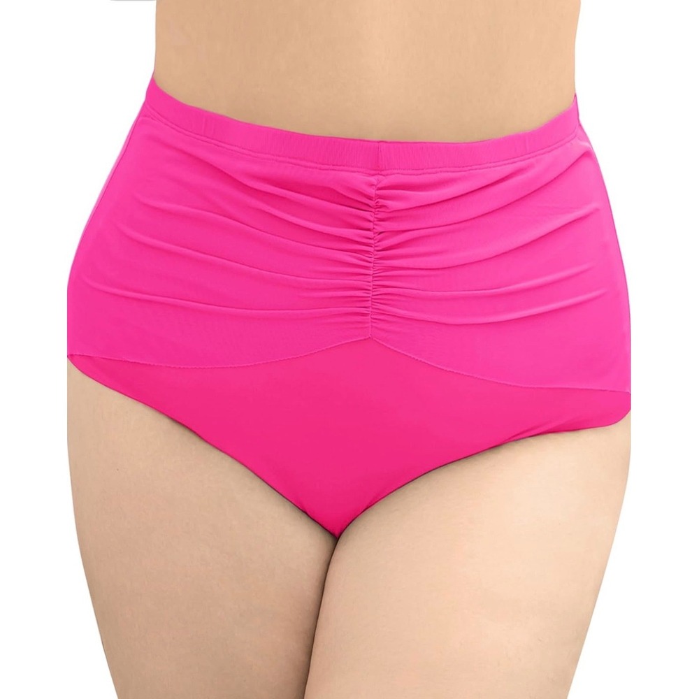 Curvagile Plus Size 2X High Waist Ruched Swim Bottoms Hot Pink Tummy Control NEW